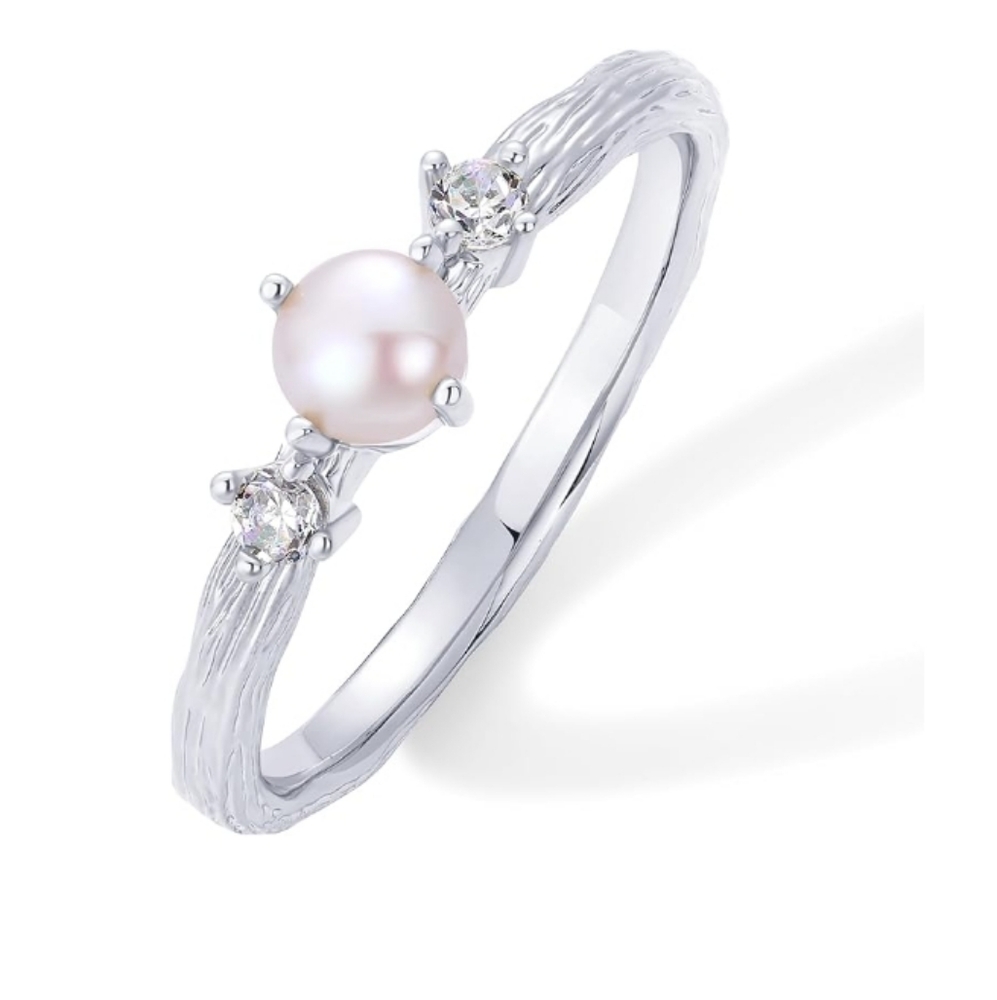 14K White Gold Plated Pearl Hammered Dainty Elegant Stackable CZ Thin Ring